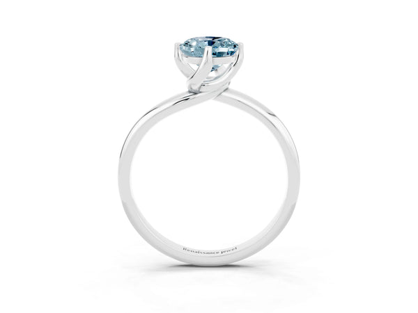 Silver Oval Cut Aquamarine Solitaire Engagement Ring with Four-Prong Setting and Classic Band