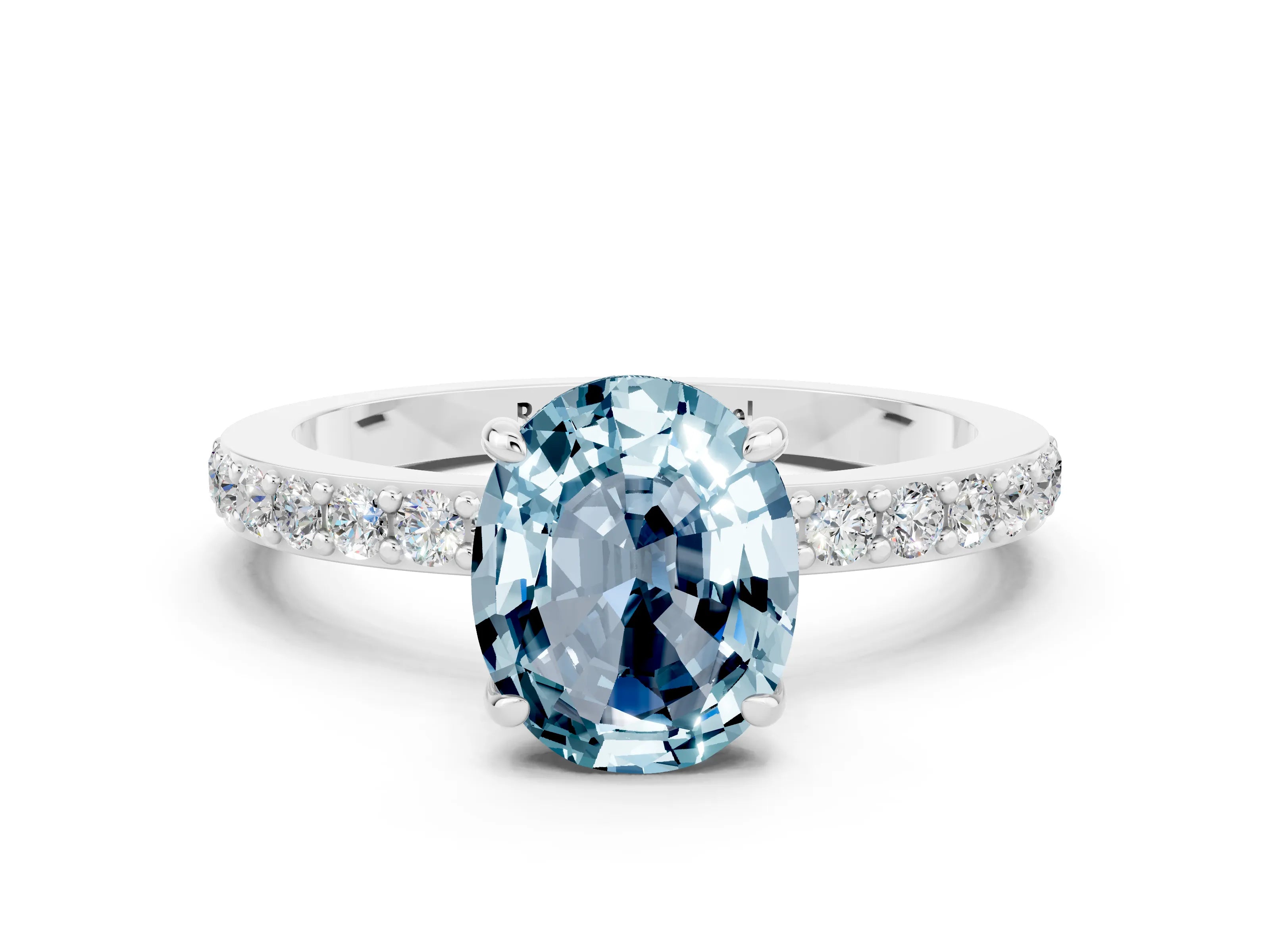 White gold Oval Cut Aquamarine Solitaire Engagement Ring with Pavé Band and Four-Prong Setting