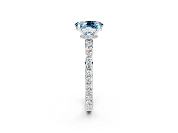 White gold Oval Cut Aquamarine Solitaire Engagement Ring with Pavé Band and Four-Prong Setting