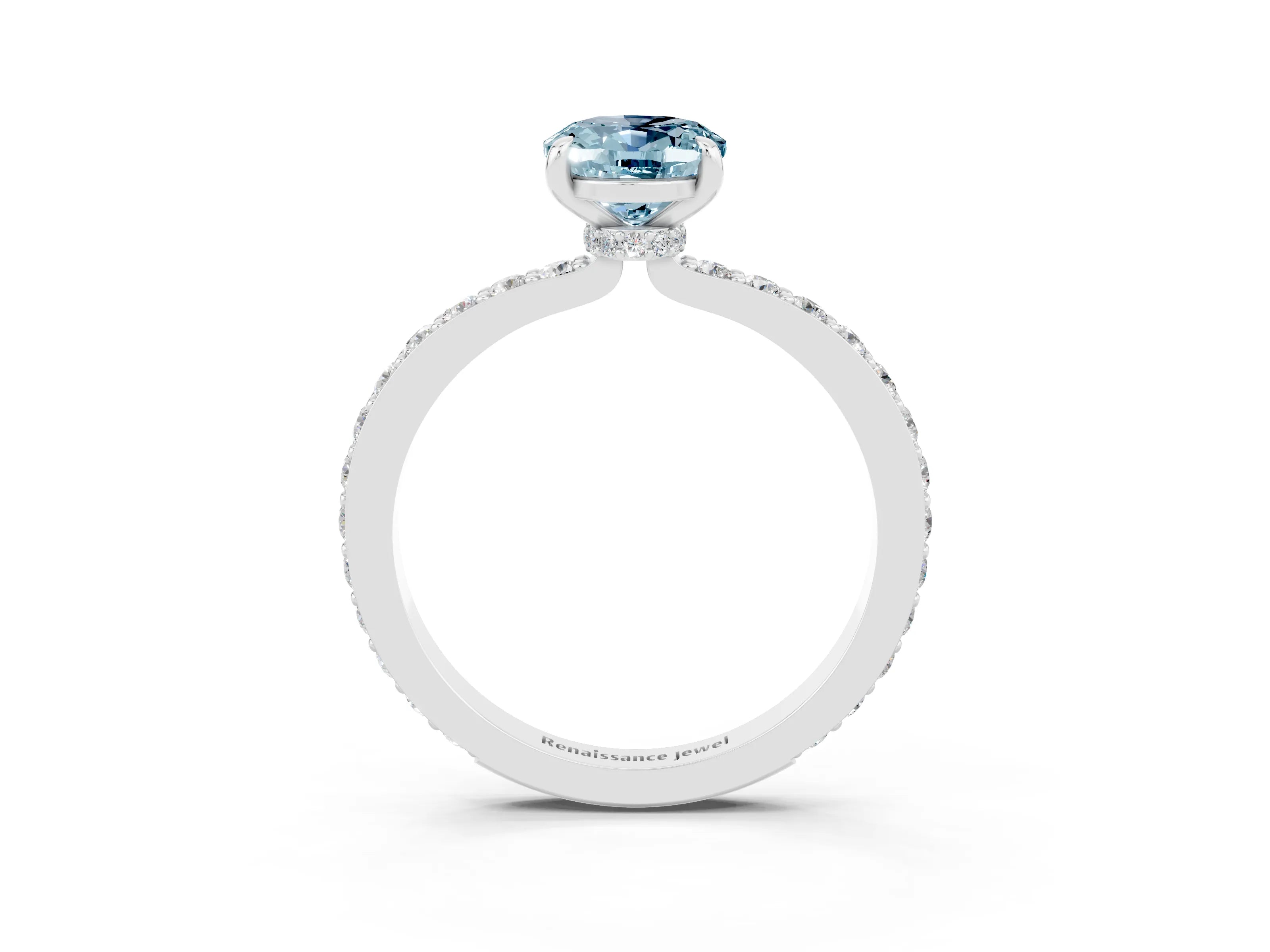White gold Oval Cut Aquamarine Solitaire Engagement Ring with Pavé Band and Four-Prong Setting_3