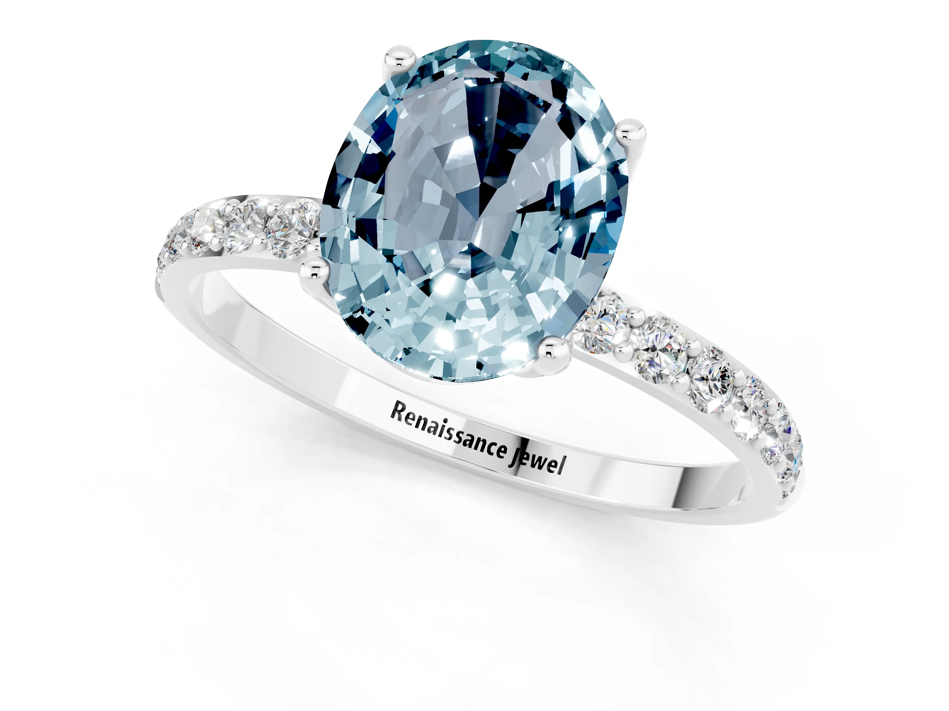 White gold Oval Cut Aquamarine Solitaire Engagement Ring with Pavé Band and Prong Setting_1