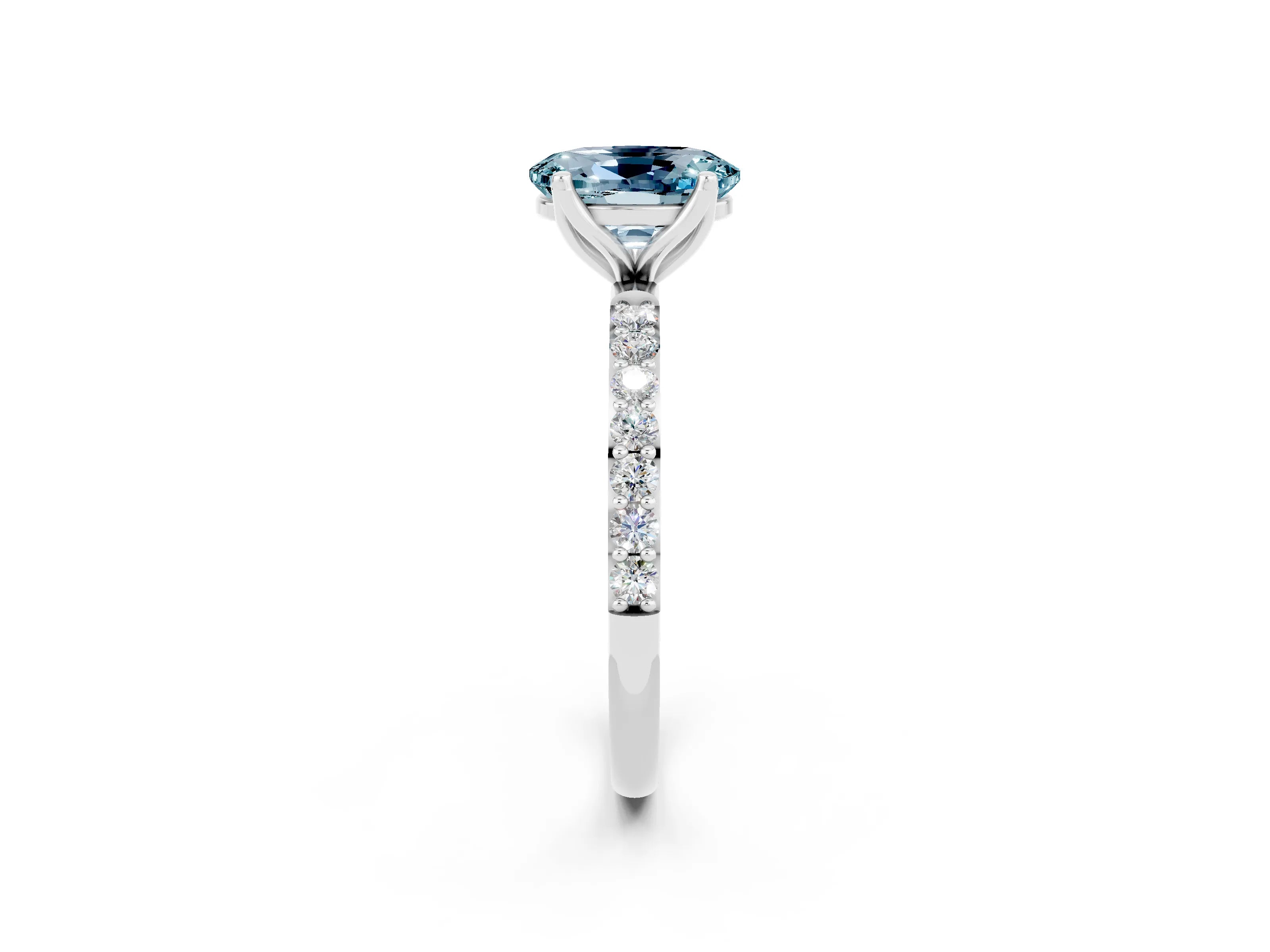 White gold Oval Cut Aquamarine Solitaire Engagement Ring with Pavé Band and Prong Setting_2