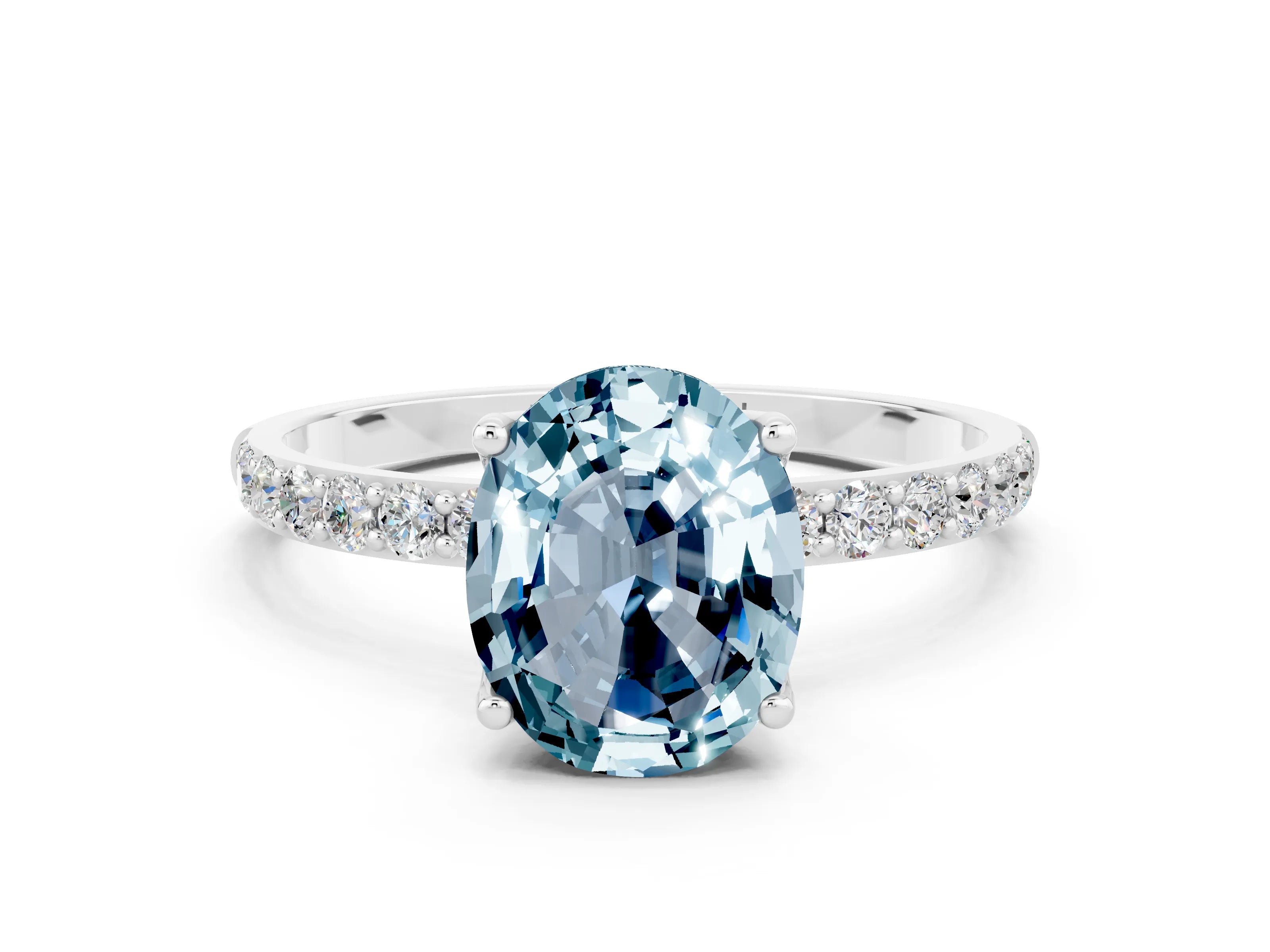 White gold Oval Cut Aquamarine Solitaire Engagement Ring with Pavé Band and Prong Setting