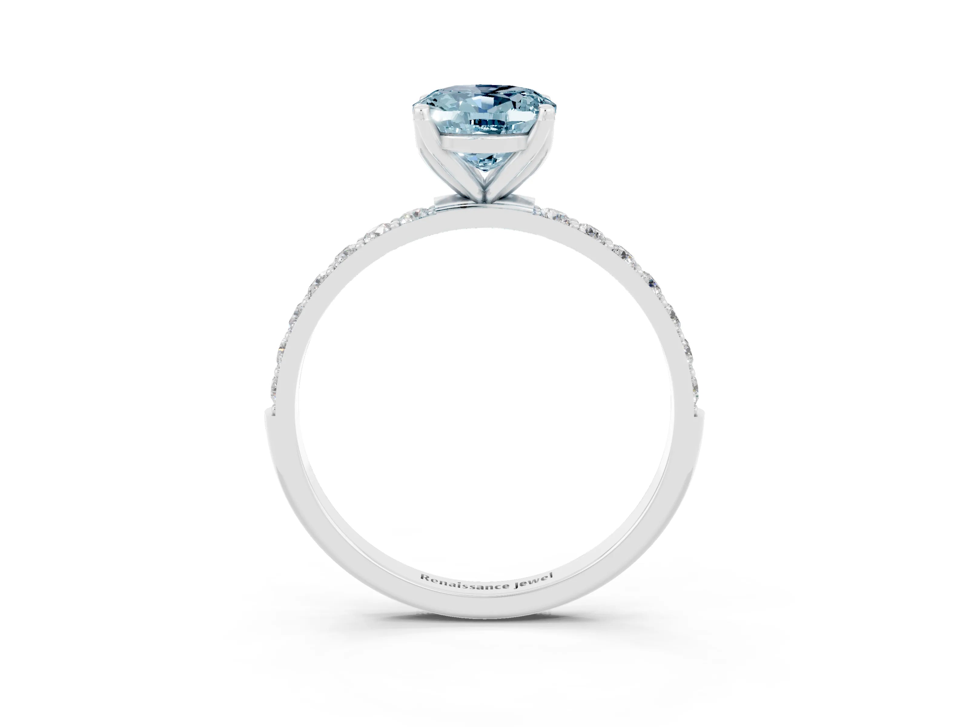 White gold Oval Cut Aquamarine Solitaire Engagement Ring with Pavé Band and Prong Setting_3