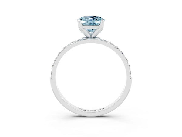 Silver Oval Cut Aquamarine Solitaire Engagement Ring with Round  Pavé Band and Prong Setting