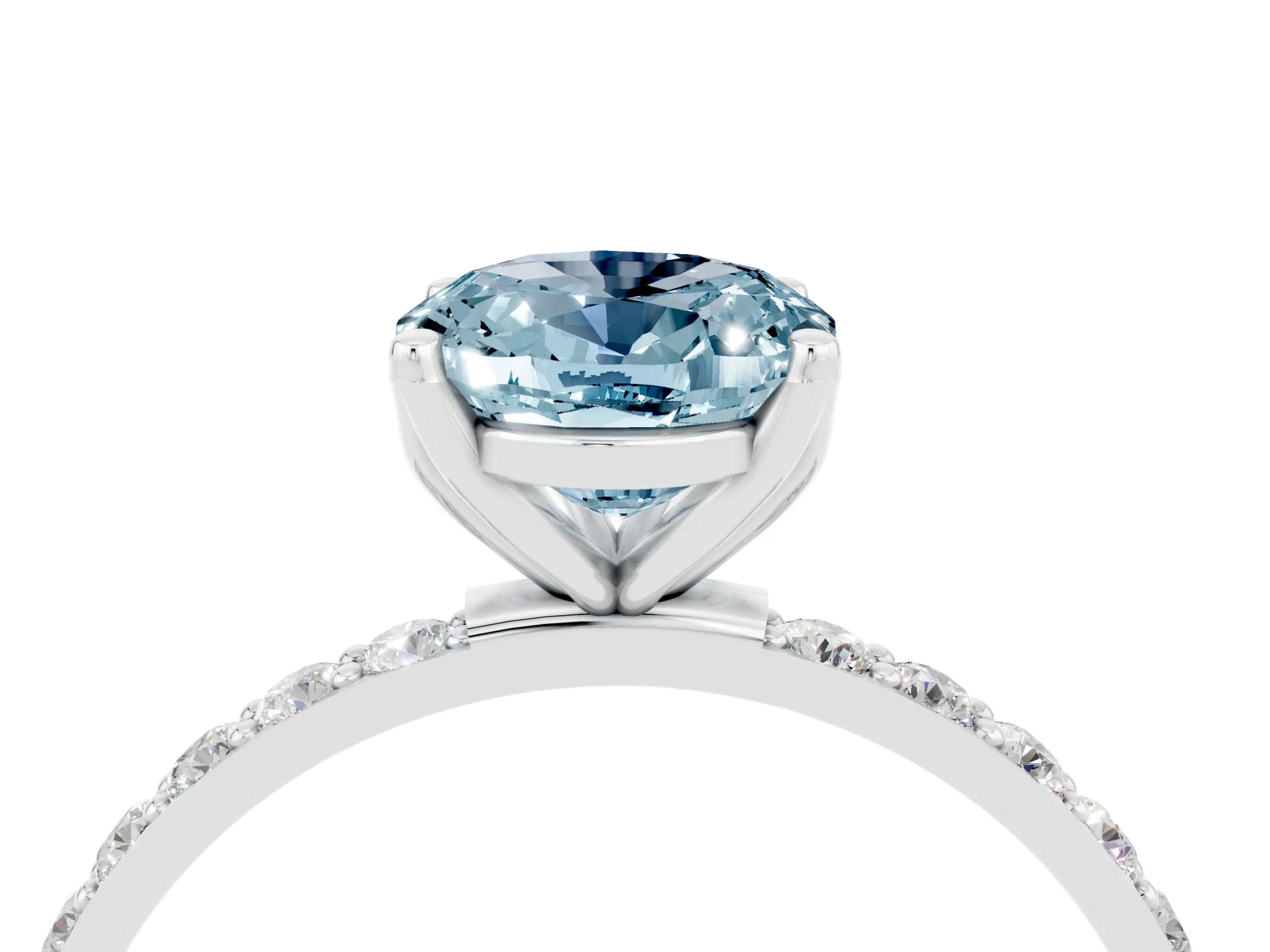 White gold Oval Cut Aquamarine Solitaire Engagement Ring with Pavé Band and Prong Setting_4