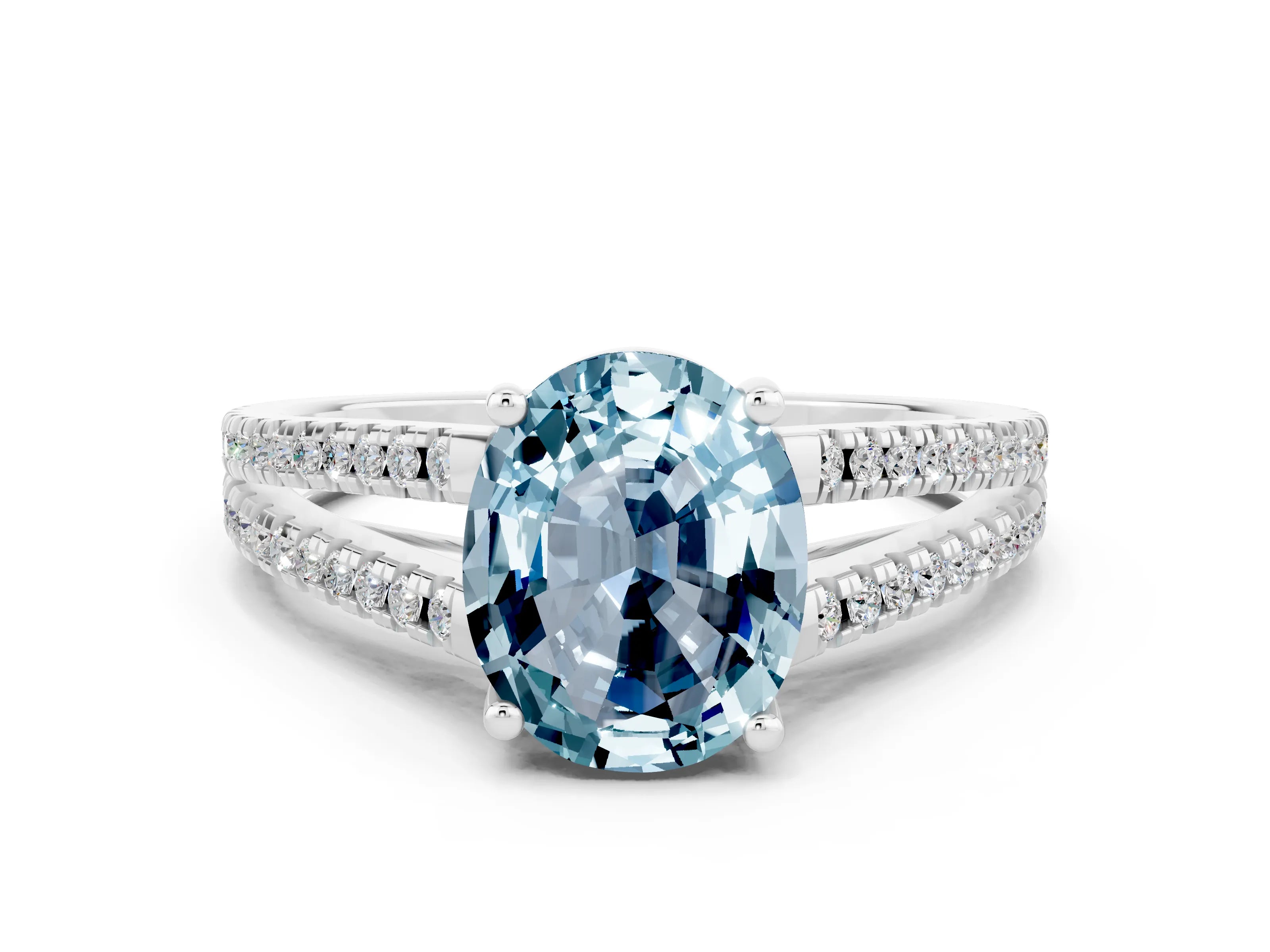 White gold Oval Cut Aquamarine Solitaire Engagement Ring with Split Shank Pavé Band