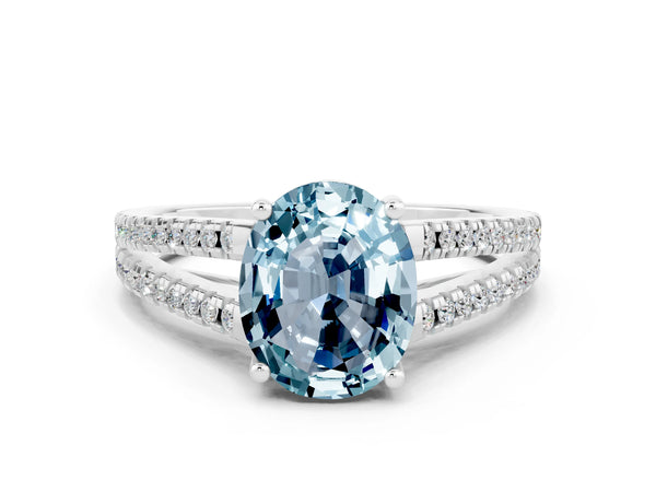 Platinum Oval Cut Aquamarine Solitaire Engagement Ring with Split Shank Pavé Band