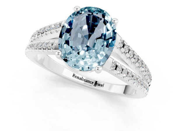 Silver Oval Cut Aquamarine Solitaire Engagement Ring with Split Shank Pavé Band