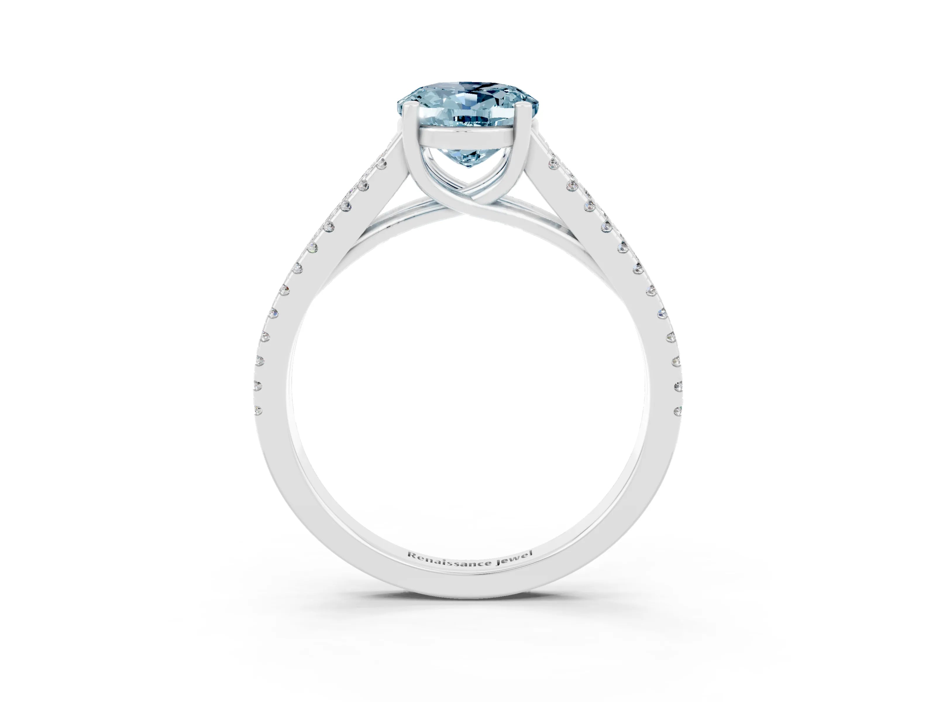White gold Oval Cut Aquamarine Solitaire Engagement Ring with Split Shank Pavé Band_3
