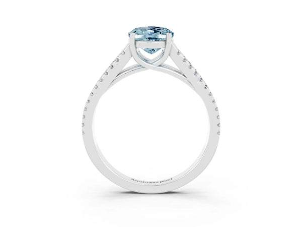 Silver Oval Cut Aquamarine Solitaire Engagement Ring with Split Shank Pavé Band