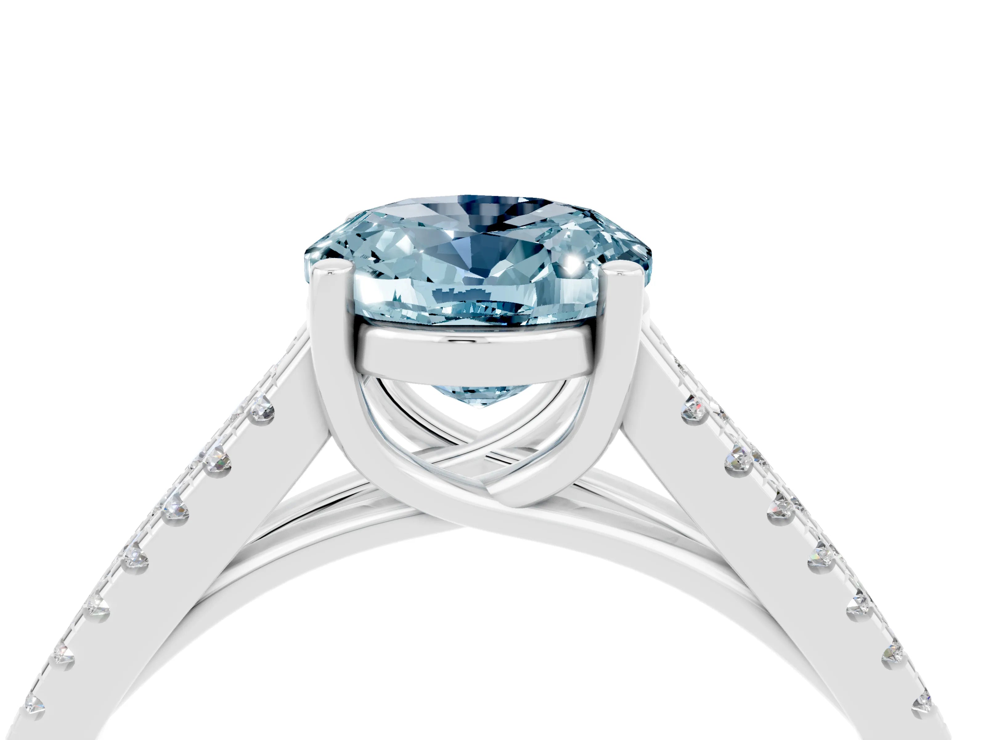 White gold Oval Cut Aquamarine Solitaire Engagement Ring with Split Shank Pavé Band_4