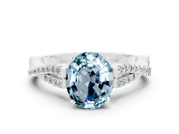 Platinum Oval Cut Aquamarine Solitaire Engagement Ring with Twisted Pavé Band and Four-Prong Setting