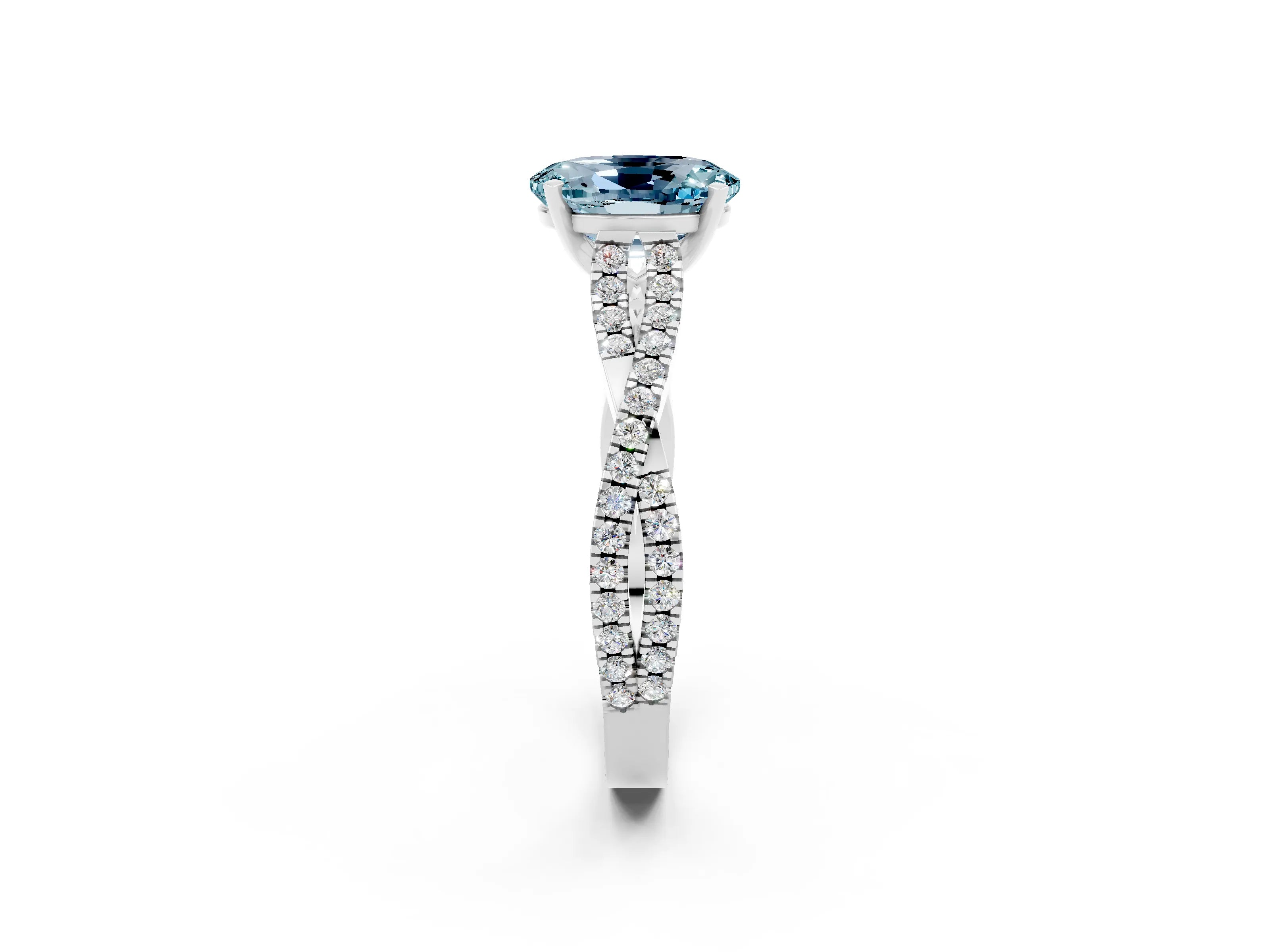 White gold Oval Cut Aquamarine Solitaire Engagement Ring with Twisted Pavé Band and Four-Prong Setting_2