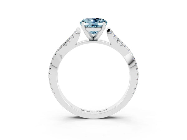 Platinum Oval Cut Aquamarine Solitaire Engagement Ring with Twisted Pavé Band and Four-Prong Setting