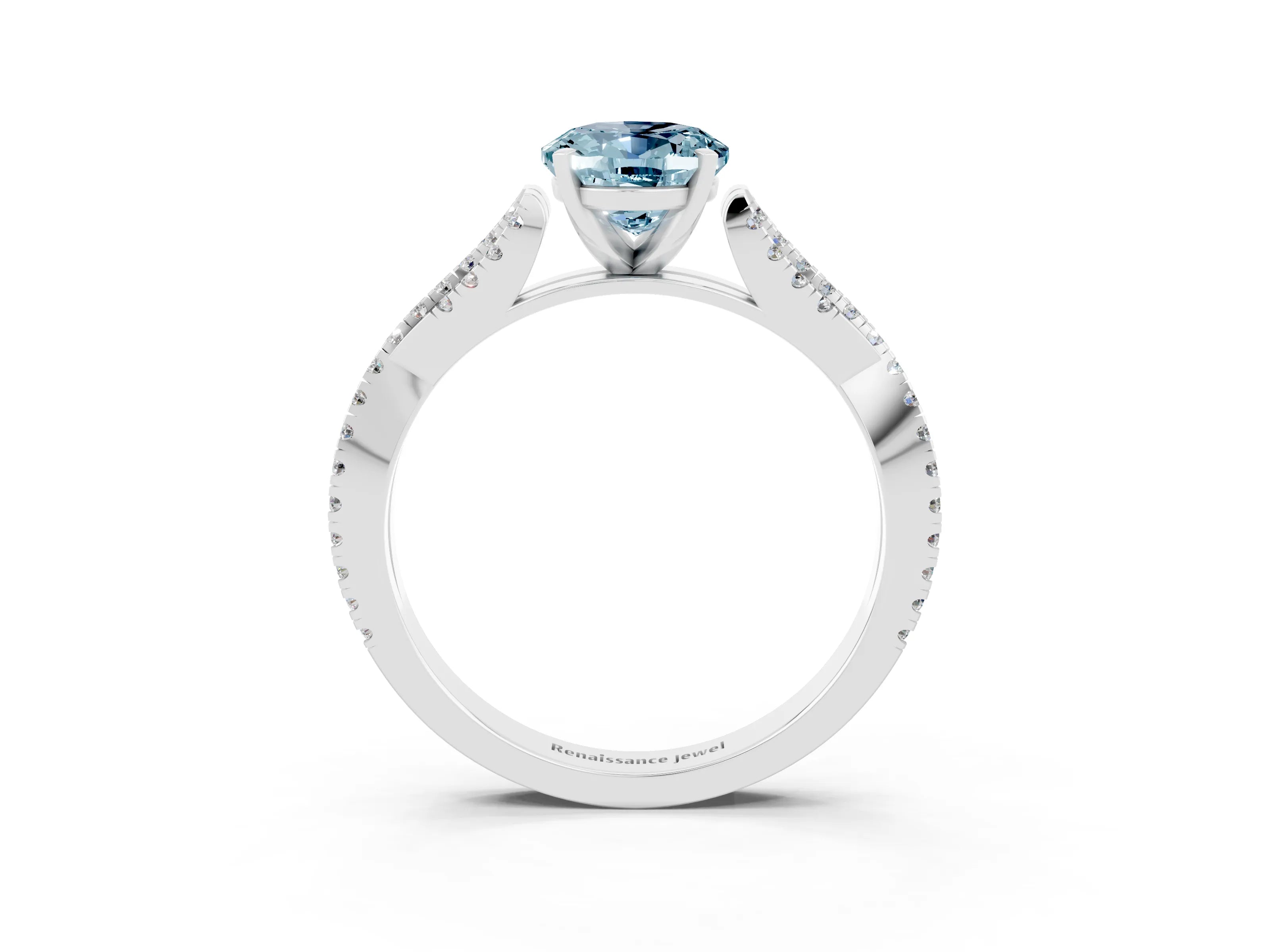 White gold Oval Cut Aquamarine Solitaire Engagement Ring with Twisted Pavé Band and Four-Prong Setting_3