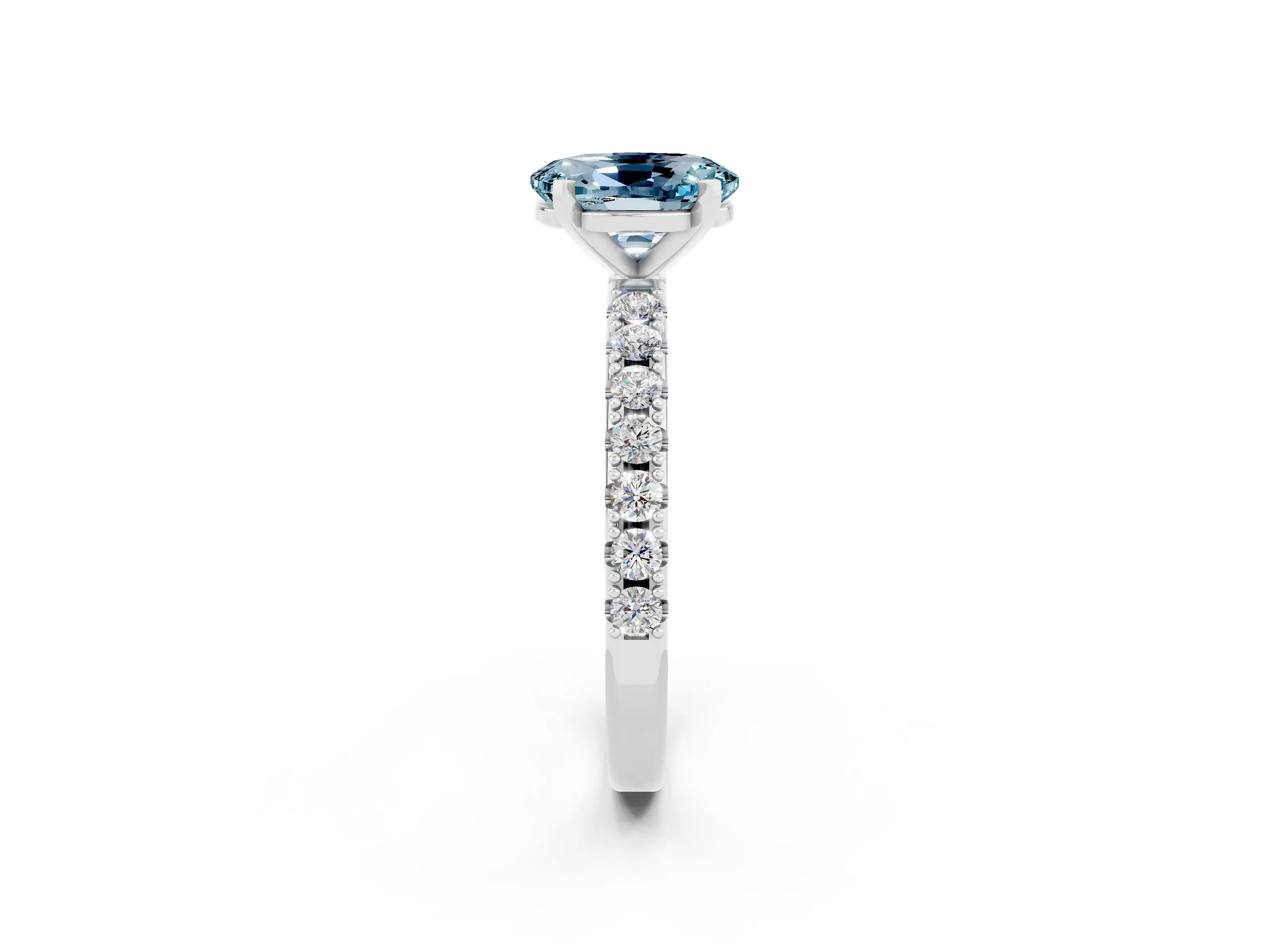 White gold Oval Cut Aquamarine Solitaire Pavé Band with Four-Prong Setting_2
