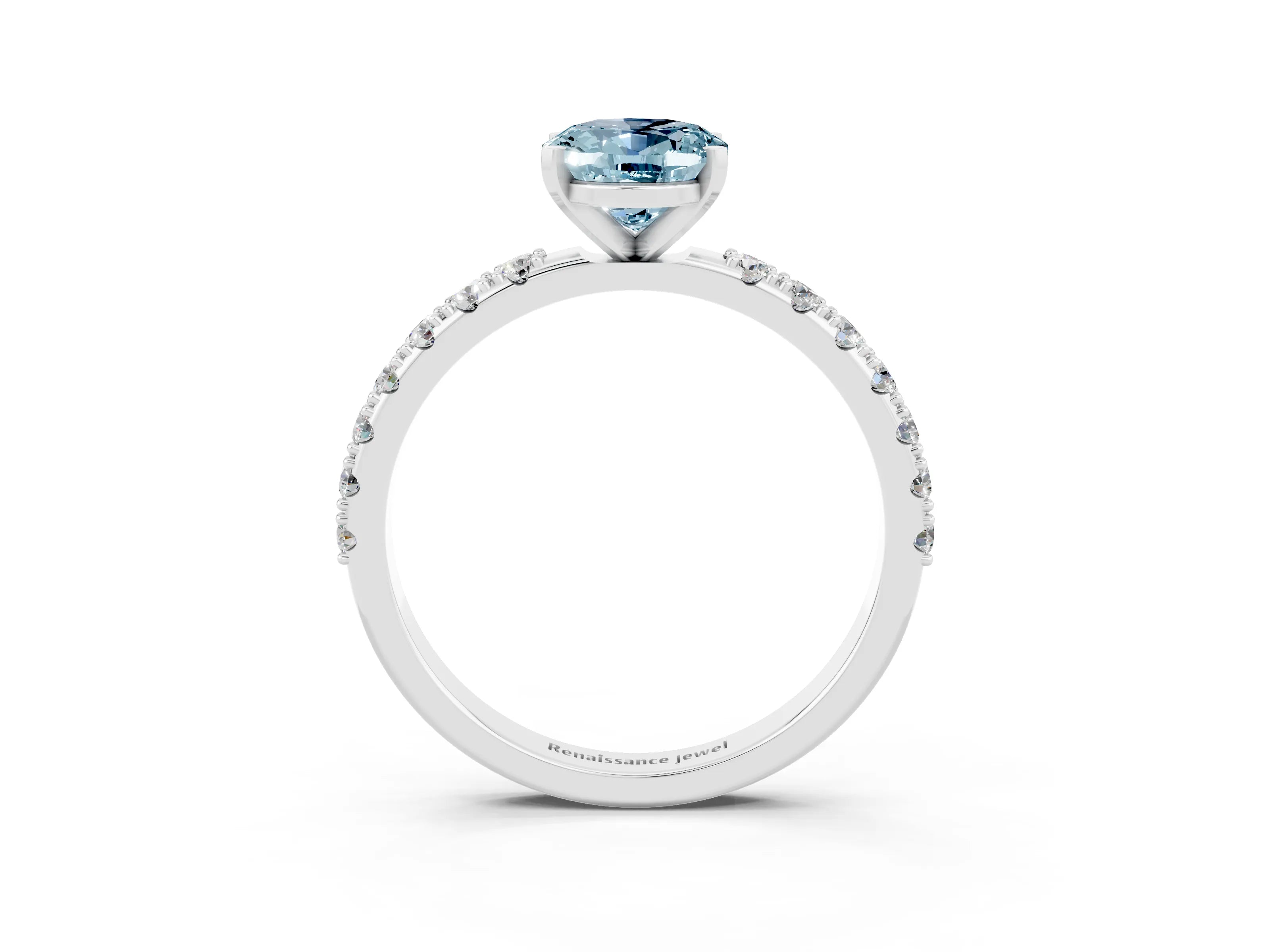 White gold Oval Cut Aquamarine Solitaire Pavé Band with Four-Prong Setting_3