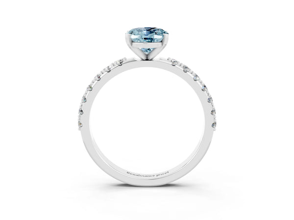 White gold Oval Cut Aquamarine Solitaire Pavé Band with Four-Prong Setting
