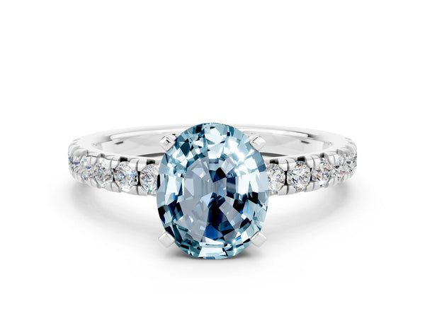 White gold Oval Cut Aquamarine Solitaire Pavé Engagement Ring with Round Band and Prong Setting