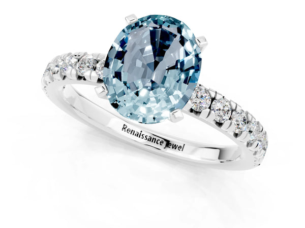 White gold Oval Cut Aquamarine Solitaire Pavé Engagement Ring with Round Band and Prong Setting