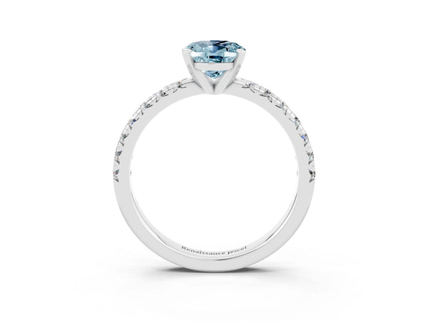 White gold Oval Cut Aquamarine Solitaire Pavé Engagement Ring with Round Band and Prong Setting