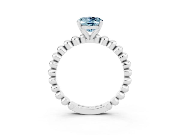 White gold Oval Cut Aquamarine Solitaire Ring with Beaded Band and Prong Setting