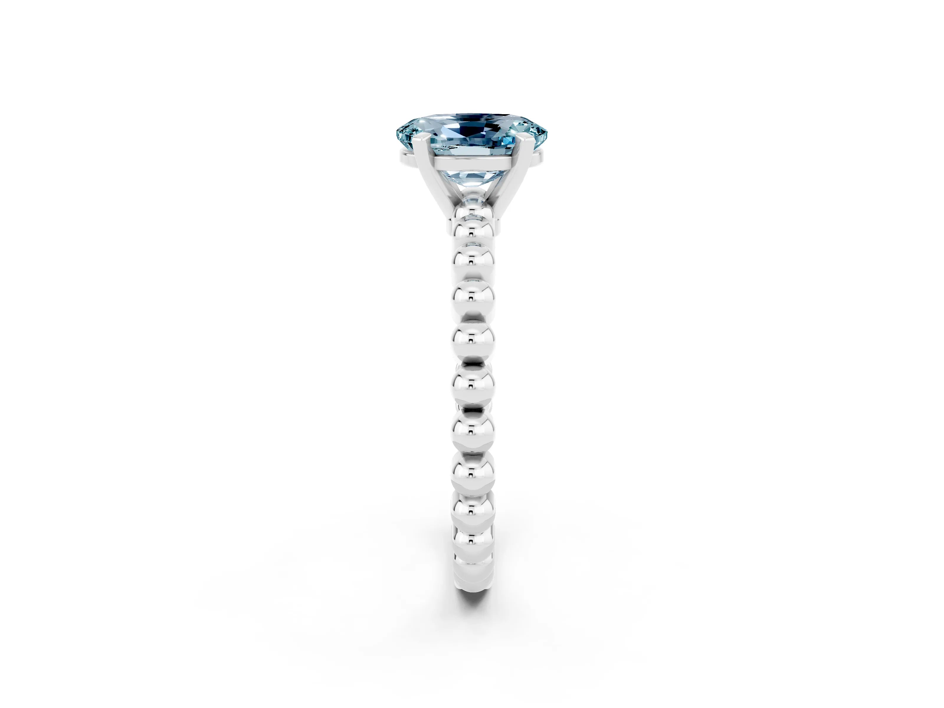 White gold Oval Cut Aquamarine Solitaire Ring with Beaded Band and Prong Setting_2