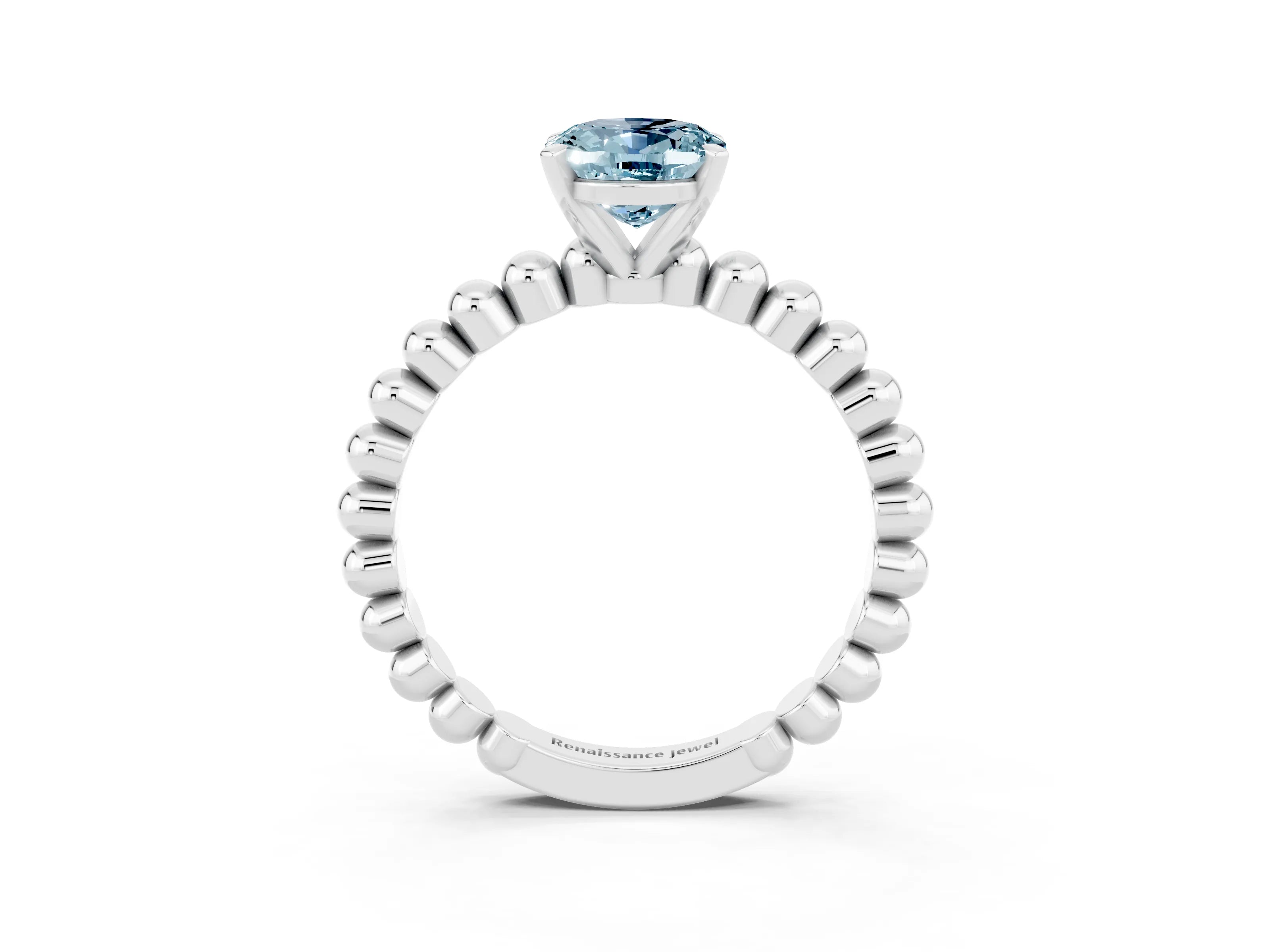 White gold Oval Cut Aquamarine Solitaire Ring with Beaded Band and Prong Setting_3