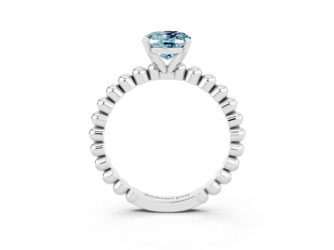 White gold Oval Cut Aquamarine Solitaire Ring with Beaded Band and Prong Setting_3