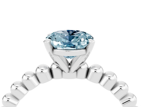 White gold Oval Cut Aquamarine Solitaire Ring with Beaded Band and Prong Setting_4