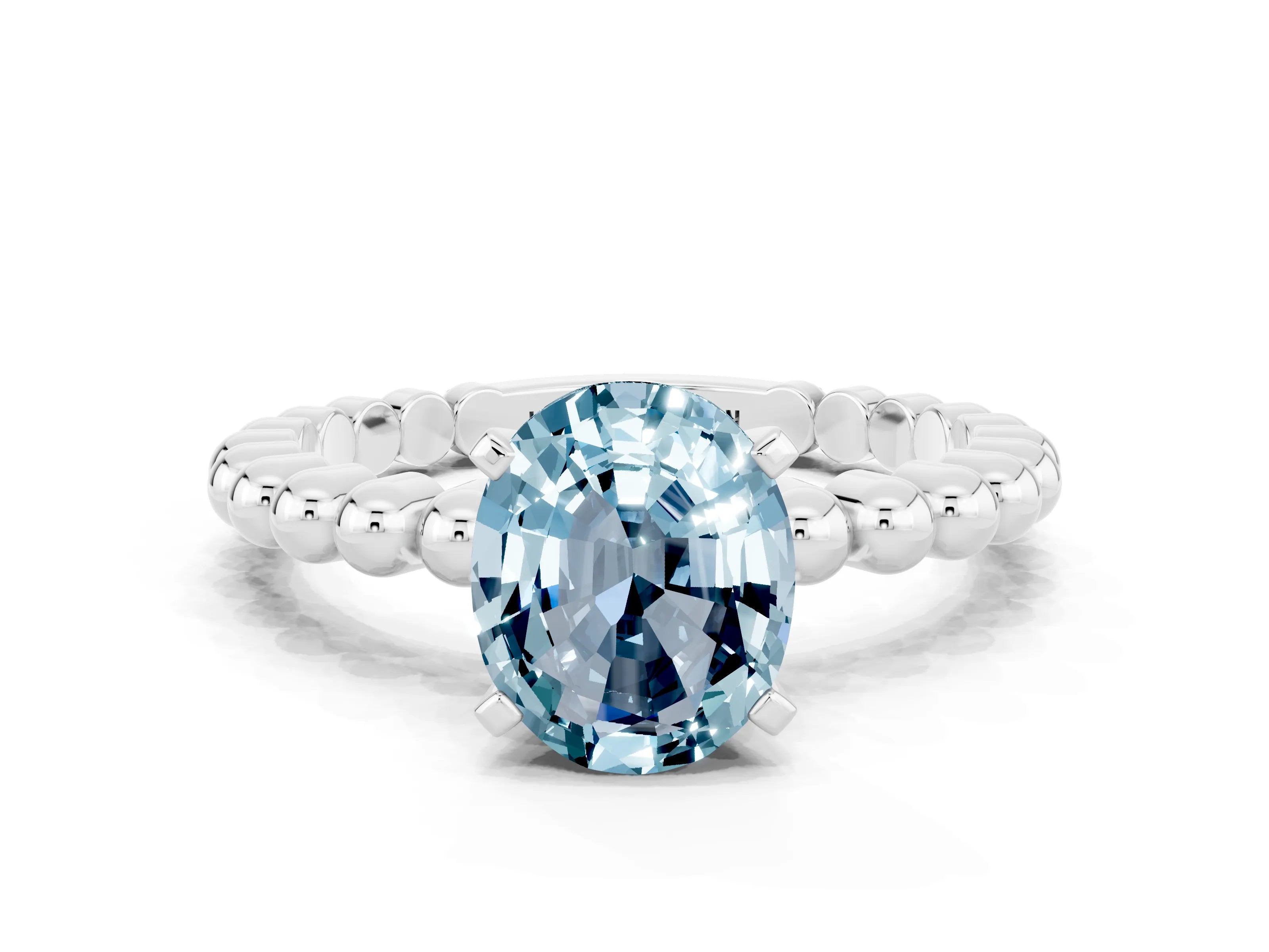 White gold Oval Cut Aquamarine Solitaire Ring with Beaded Band and Prong Setting