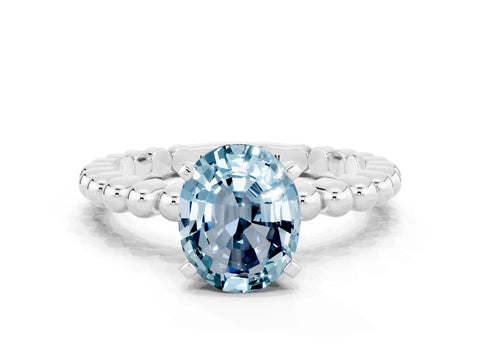 White gold Oval Cut Aquamarine Solitaire Ring with Beaded Band and Prong Setting