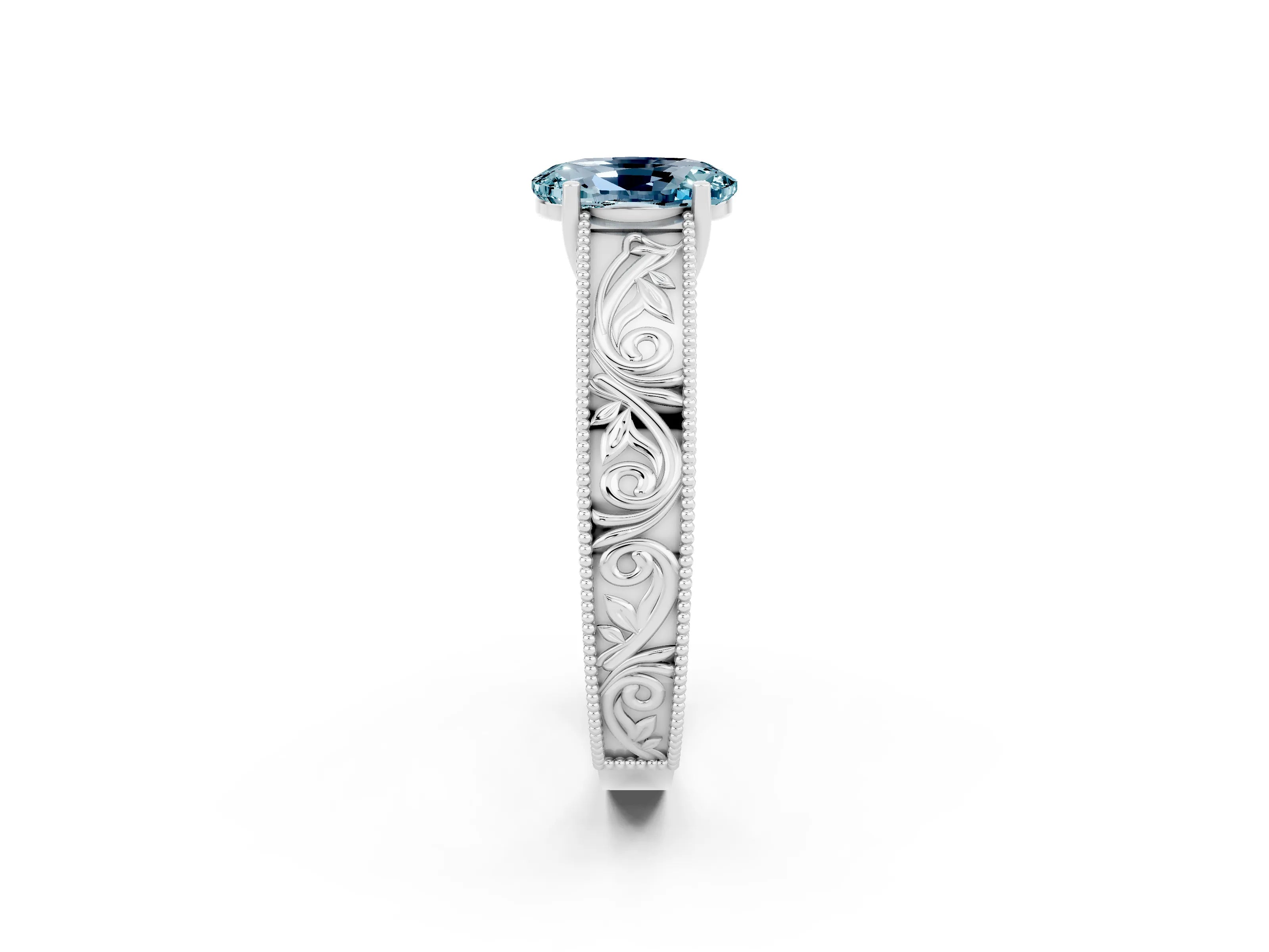 White gold Oval Cut Aquamarine Solitaire Ring with Engraved Band and Four-Prong Setting_2