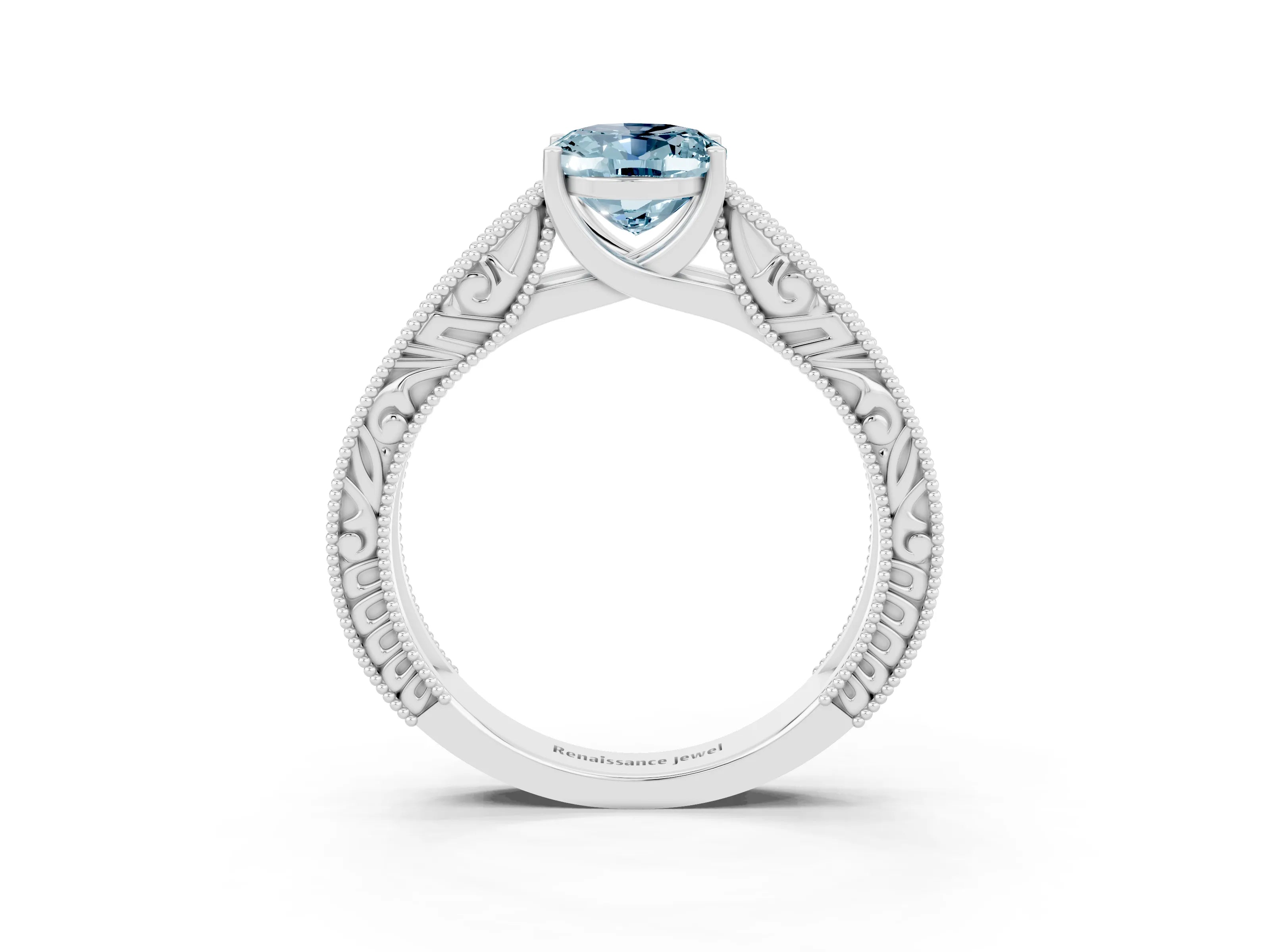 White gold Oval Cut Aquamarine Solitaire Ring with Engraved Band and Four-Prong Setting_3