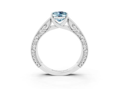 White gold Oval Cut Aquamarine Solitaire Ring with Engraved Band and Four-Prong Setting_3