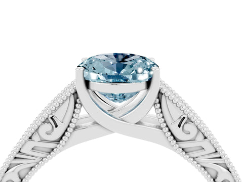White gold Oval Cut Aquamarine Solitaire Ring with Engraved Band and Four-Prong Setting_4