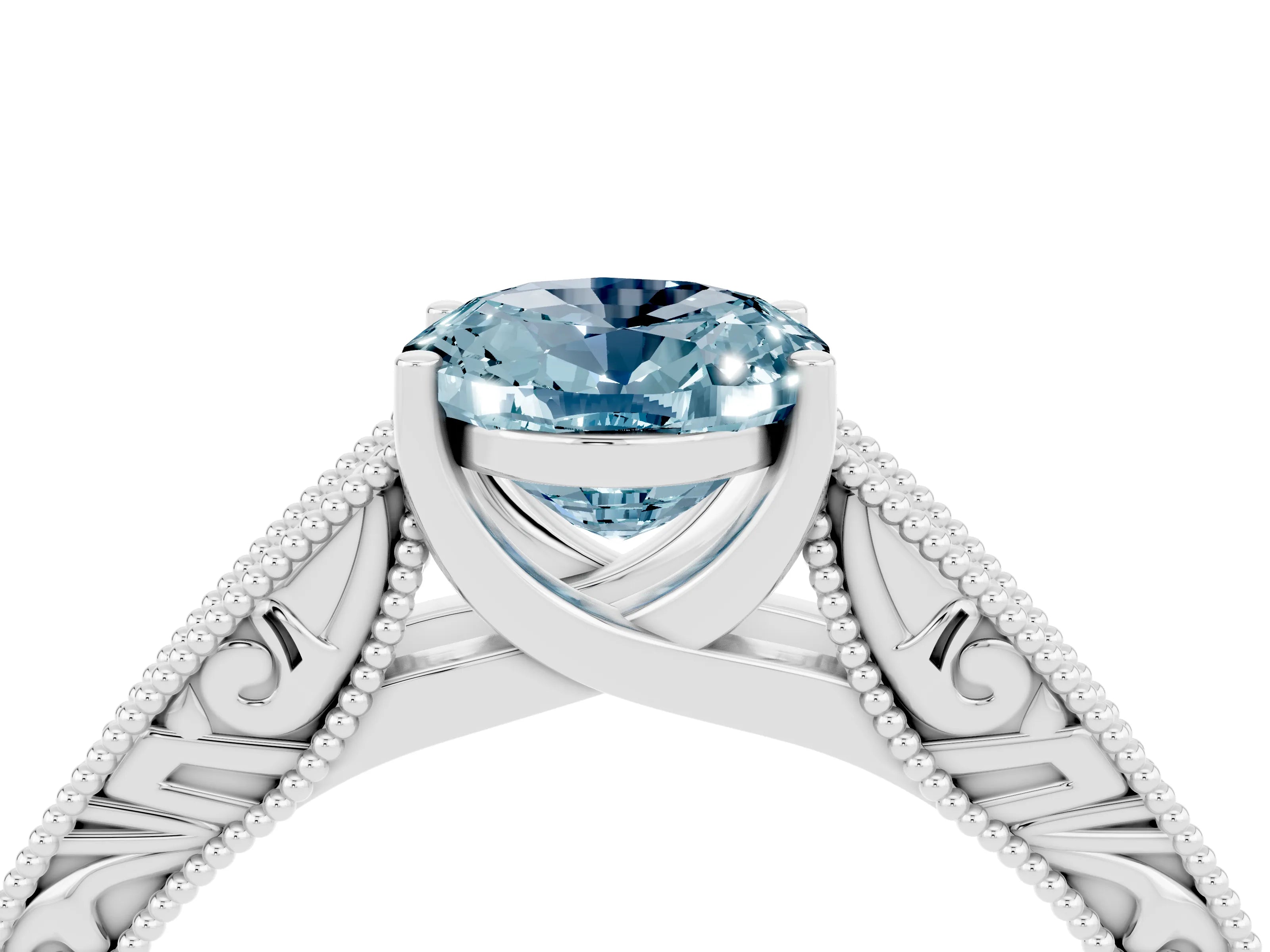 White gold Oval Cut Aquamarine Solitaire Ring with Engraved Band and Four-Prong Setting_4