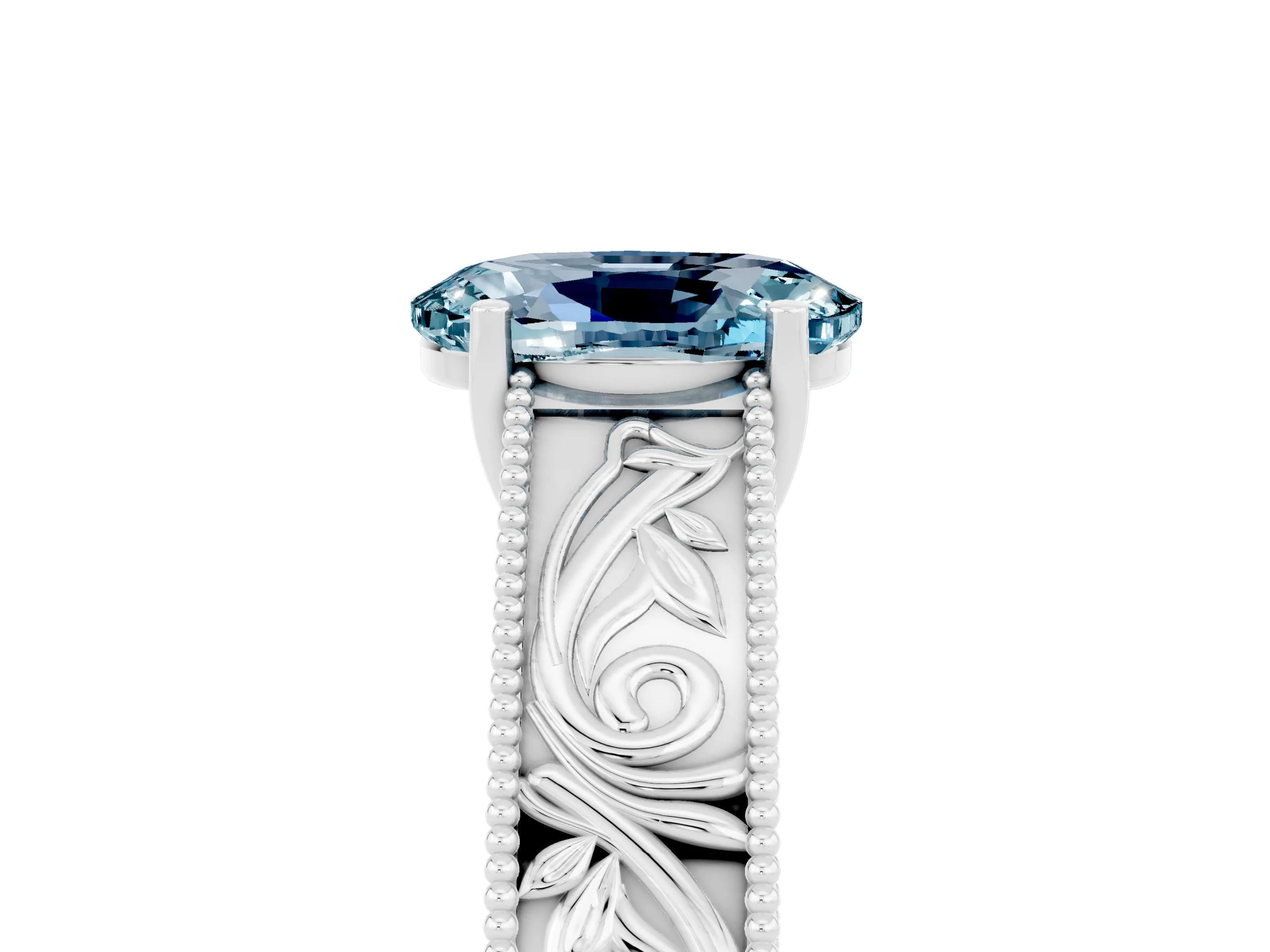 White gold Oval Cut Aquamarine Solitaire Ring with Engraved Band and Four-Prong Setting_5