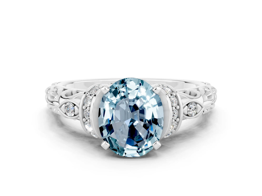 White gold Oval Cut Aquamarine Solitaire Ring with Filigree Band and Four-Prong Setting_24
