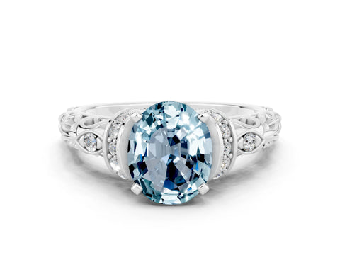 White gold Oval Cut Aquamarine Solitaire Ring with Filigree Band and Four-Prong Setting_25