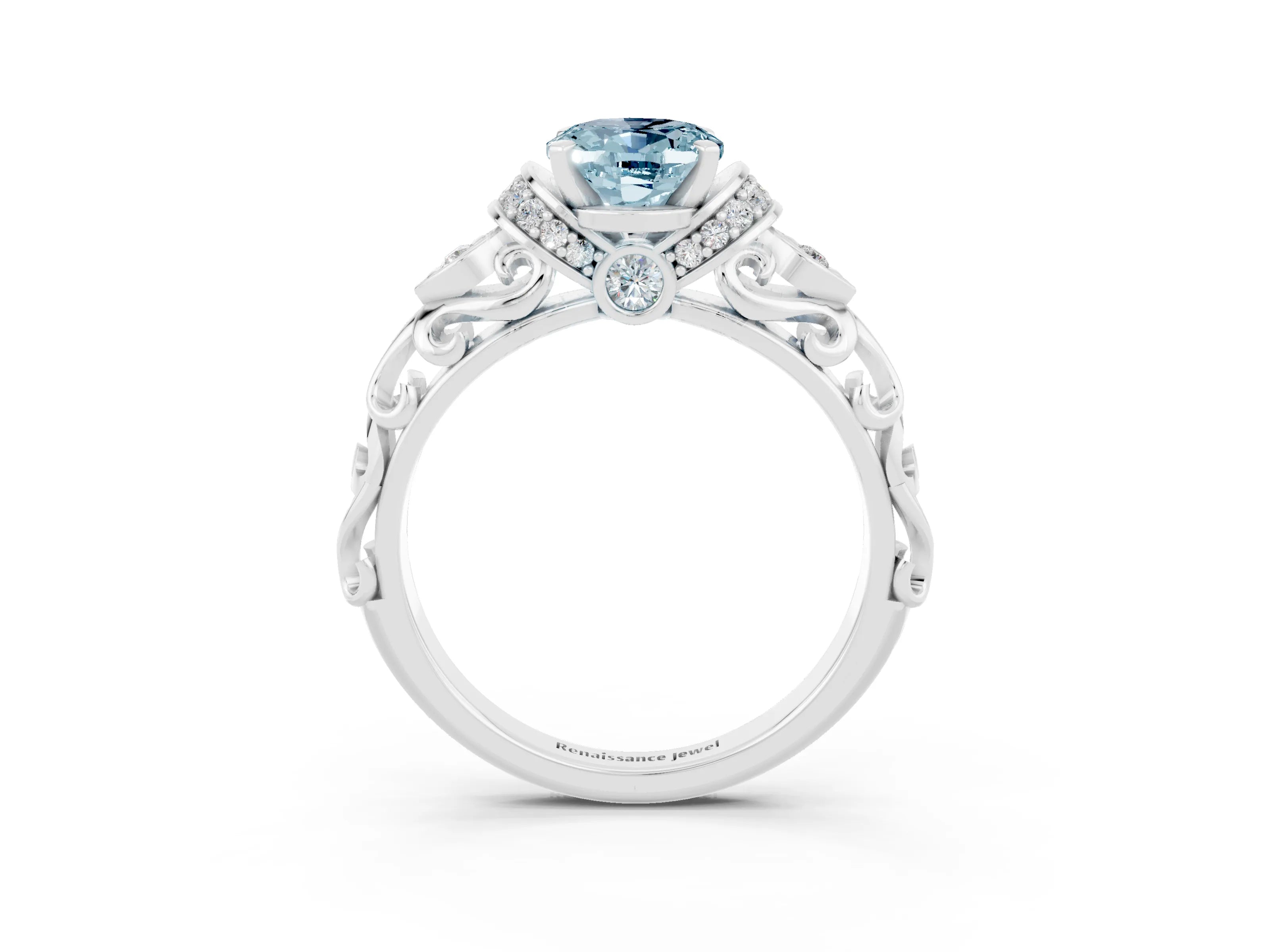 White gold Oval Cut Aquamarine Solitaire Ring with Filigree Band and Four-Prong Setting_28
