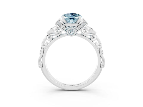 White gold Oval Cut Aquamarine Solitaire Ring with Filigree Band and Four-Prong Setting_28