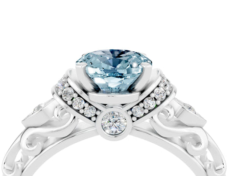 White gold Oval Cut Aquamarine Solitaire Ring with Filigree Band and Four-Prong Setting_28