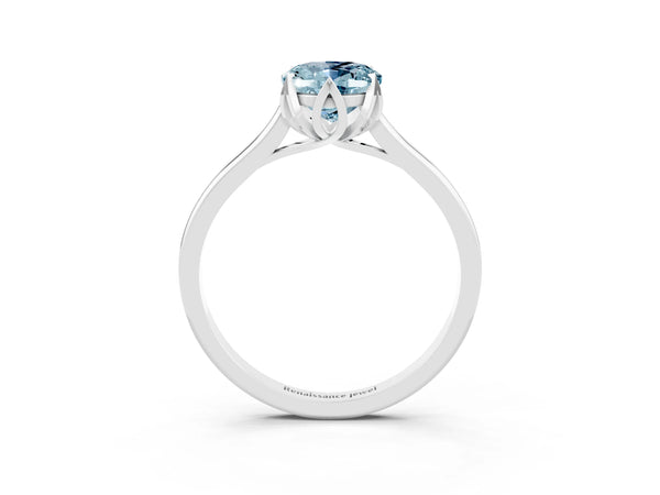 Platinum Oval Cut Aquamarine Solitaire Ring with Flower Prong Setting and Classic Band