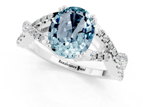 White gold Oval Cut Aquamarine Solitaire Ring with Four-Prong Setting and Twisted Pavé Band_1