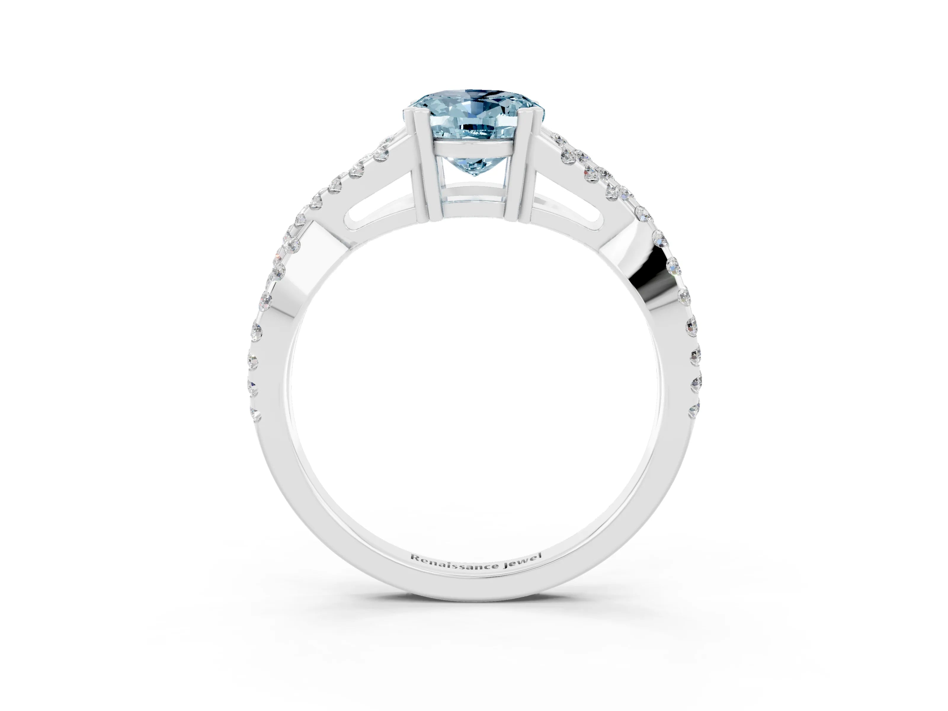 White gold Oval Cut Aquamarine Solitaire Ring with Four-Prong Setting and Twisted Pavé Band_3