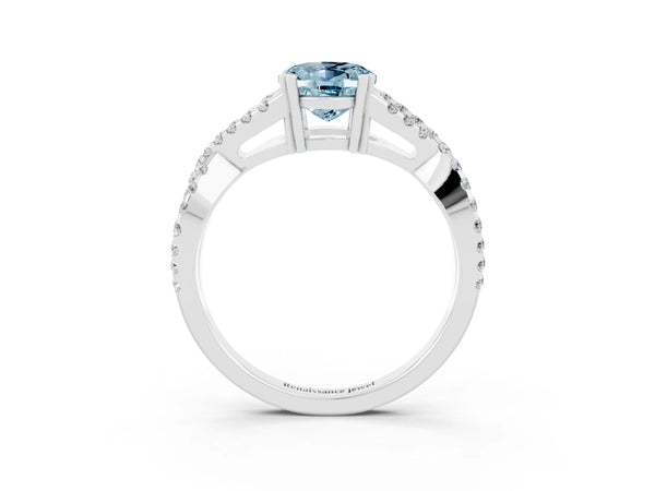 White gold Oval Cut Aquamarine Solitaire Ring with Four-Prong Setting and Twisted Pavé Band