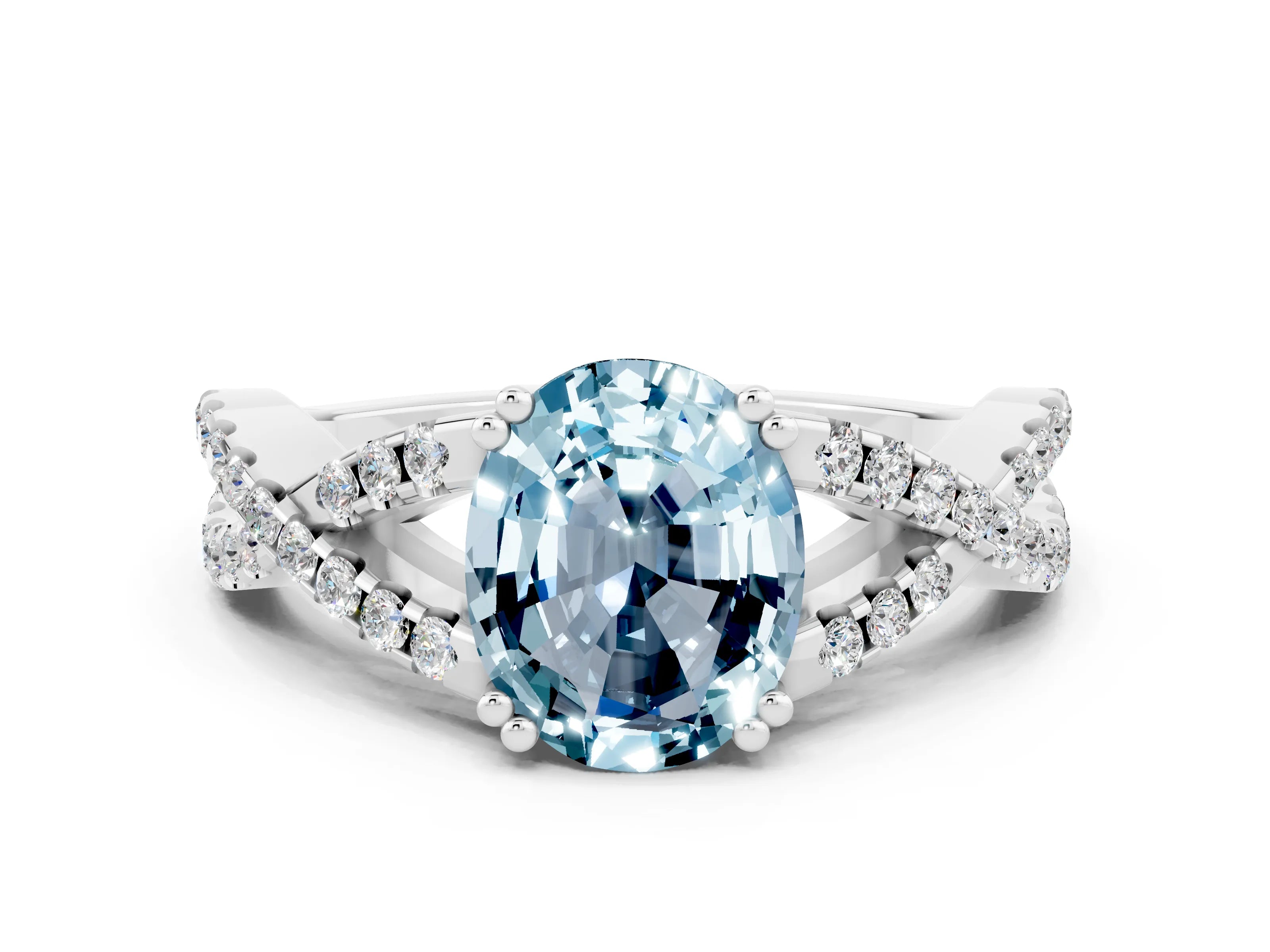 White gold Oval Cut Aquamarine Solitaire Ring with Four-Prong Setting and Twisted Pavé Band