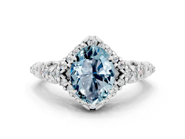 White gold Oval Cut Aquamarine Solitaire Ring with Hidden Halo and Pavé Band